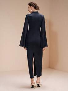 Arave Robe élégante pour sortie en soirée avec manches raglan en tricot et mousseline, taille cintrée, col montant orné de perles, manches évasées, patchwork de design