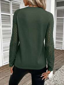 SHEIN Frenchy Contrast Lace Raglan Sleeve Seam Detail Round Neck Tee Spring - Army Green - View 2