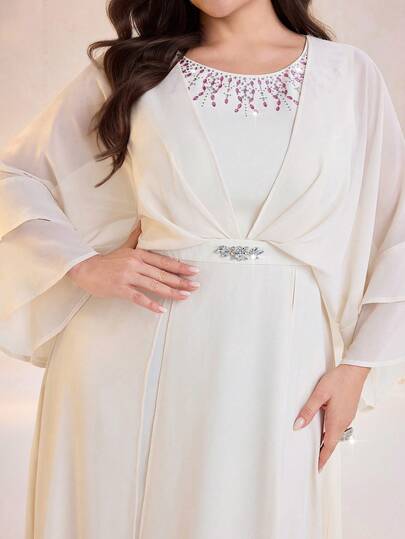 Al Najma Plus Size Women's Elegant Arabic Style Dress With Rhinestone Bat Sleeves