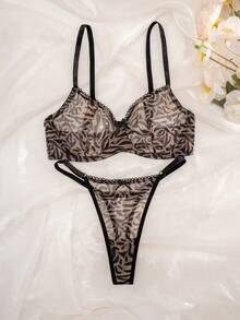2pcs Women's Printed Underwire Soft Cup Comfortable Bra Set - Brown - View 7
