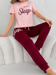 Lazeform Women's Casual Letter Print Pink And Burgundy Drawstring Pajama Set Soft Knitted Fabric PJs - Pink - View 5