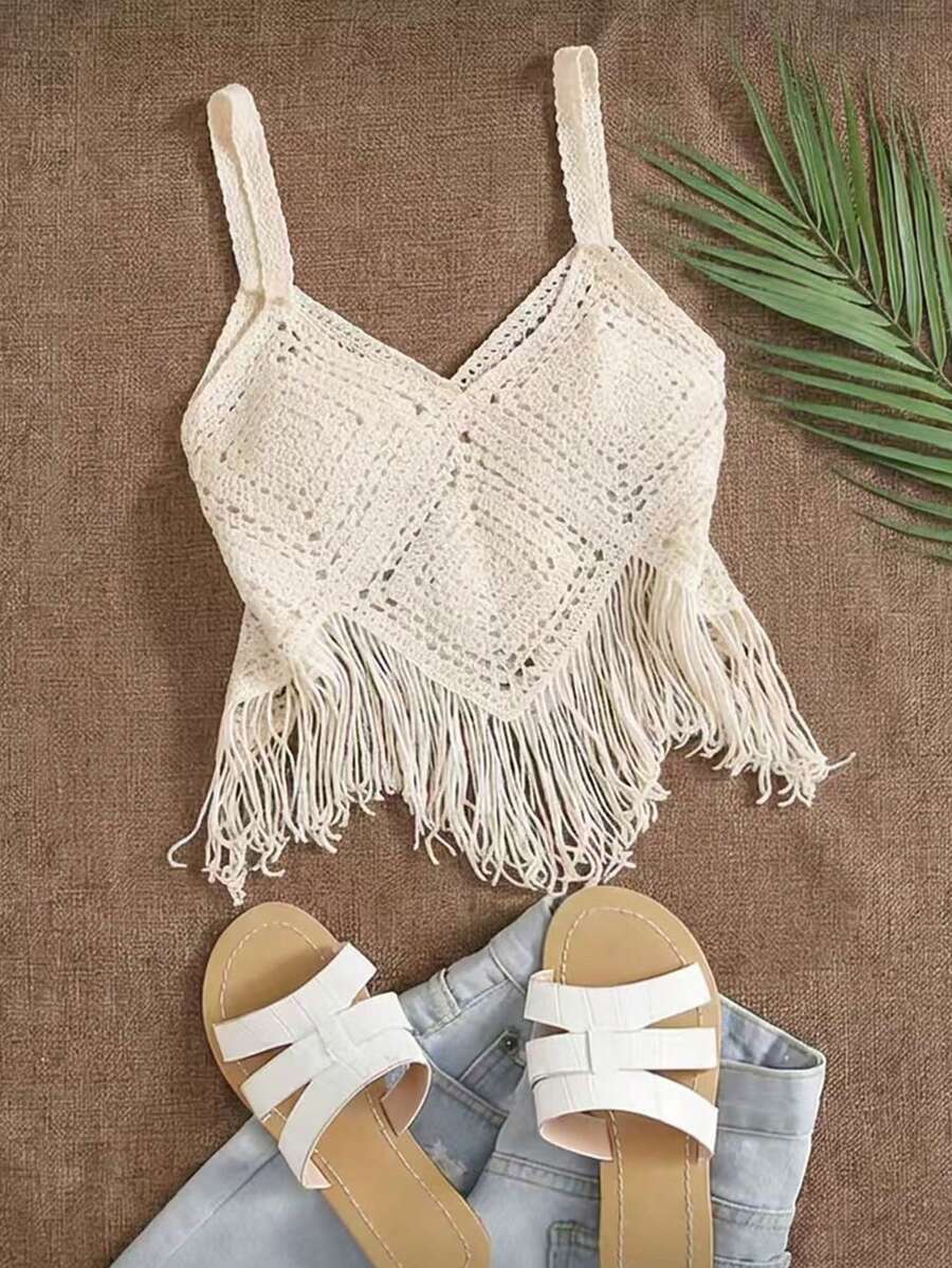 Resyla 女士沙滩度假休闲流苏吊带针织上衣 - 米色 - 查看 1
