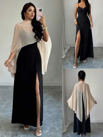 Gloray Nuevo conjunto de verano de 2 piezas: Chaqueta fina de gasa con volantes en el bajo y abertura en la espalda, decorada con botones de perlas + Vestido largo con escote en V sexy y tirantes finos con abertura alta, adecuado para vacaciones, fiestas y bodas. Conjunto de mujer en colores contrastantes, chaqueta y vestido largo