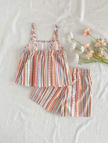 SHEIN Vintaside Kids Bộ áo hai dây và quần short kẻ caro xanh dương in hình quả anh đào dành cho bé gái, trang phục mùa hè tươi mát và thoải mái. - Nhiều màu - Xem 2