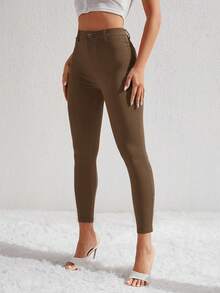 SHEIN ICON 女士纯色修身休闲百搭牛仔裤 - 棕色 - 查看 4