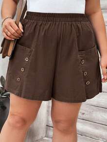 SHEIN LUNE 大码纯色弹力腰带口袋休闲阔腿短裤 - 咖啡棕 - 查看 5