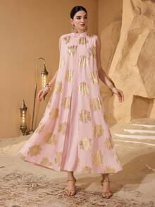 Al Najma 女士优雅浪漫粉金箔大花朵立领无袖宽松连衣裙 - 粉色 - 查看 3