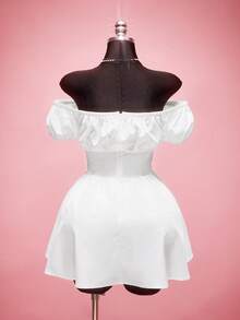 SHEIN ICON 大码女式露肩迷你连衣裙，泡泡袖，纽扣设计 - 白色 - 查看 9