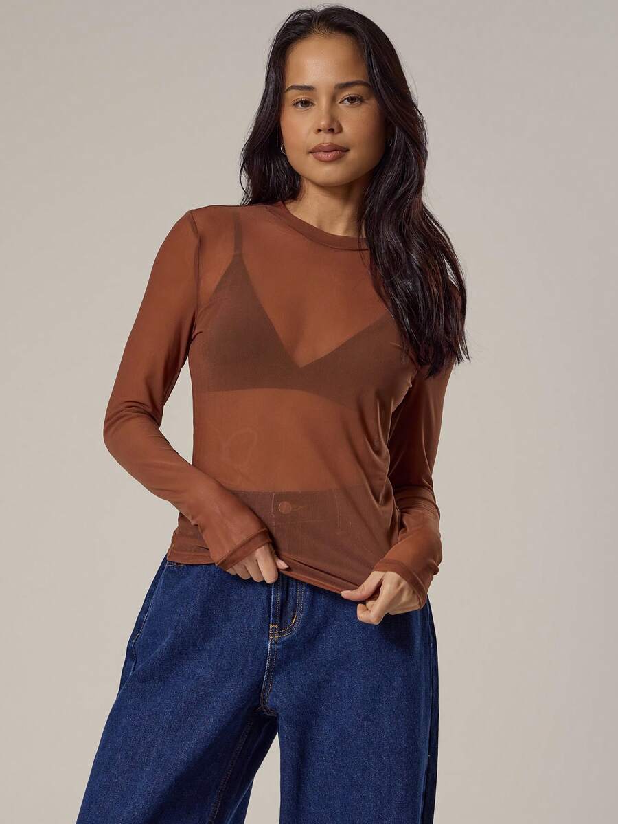 MUSERA Long Sleeve Crew Neck Top Casual Spring Vacation Capsule Wardrobe Everyday Airport Holiday Fall Back To School Autumn Winter Elegant Summer - Brown - View 1