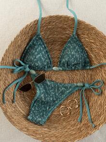 Swim Vcay 2026 Spring/Summer Green Special Fabric Women's Swimsuit, Spaghetti Strap Halter Solid Color Sexy Side Tie Thong Bikini Two-Piece Swimwear Teal Bikini Tie Bikini Set Textured Bikini Triangle Bikini