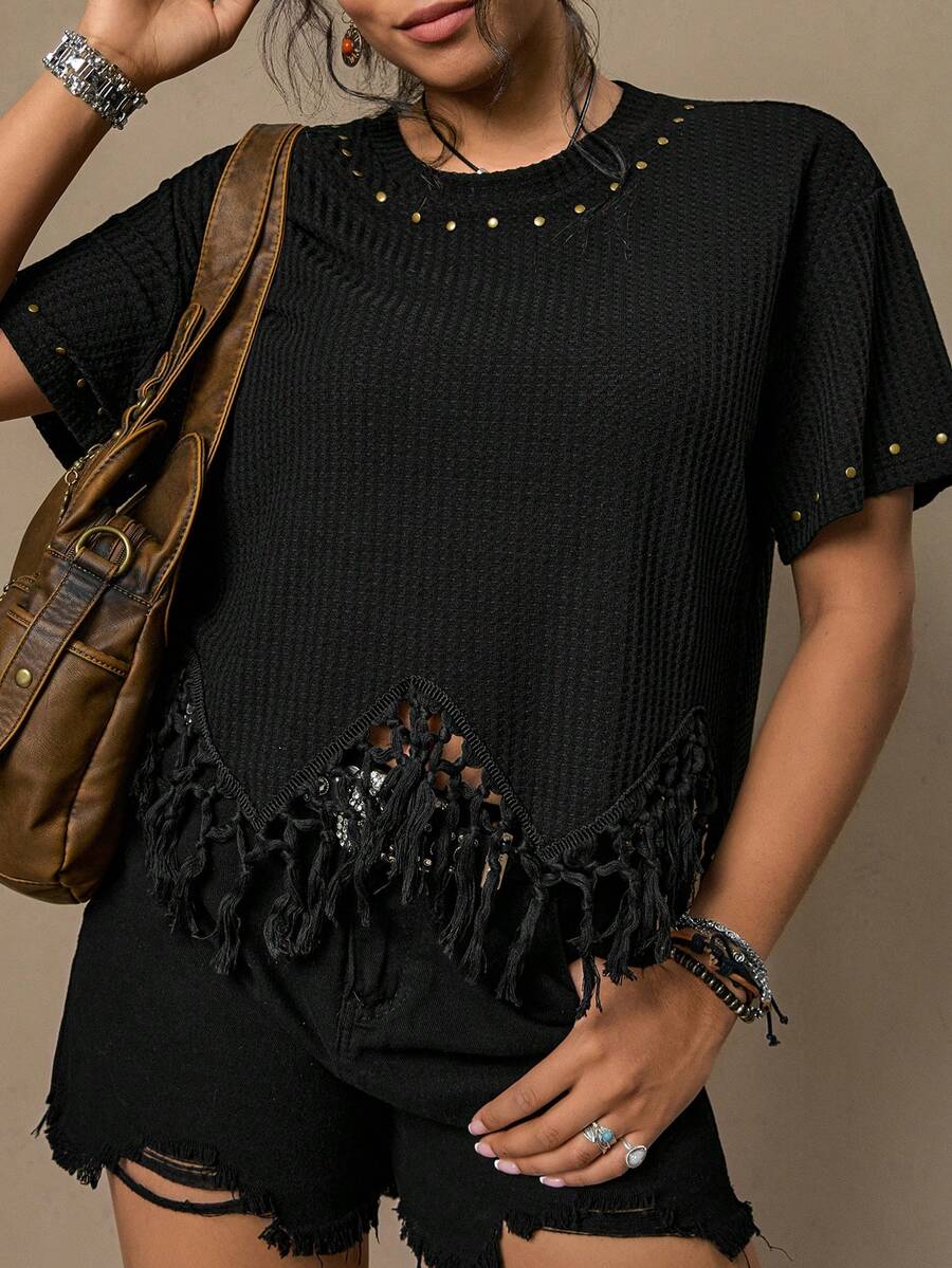 Freevana Áo kiểu dáng rộng rãi, chất liệu vải waffle, họa tiết hoa, viền tua rua, phối đinh tán, phong cách bohemian, thích hợp cho các lễ hội âm nhạc đầu xuân/hè. - màu đen - Xem 1