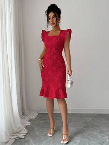 Elenzga 优雅提花短袖鱼尾连衣裙，适合夏季通勤 - 紅色 - 查看 4