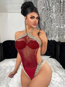 ChaseTheNight Bộ đồ liền thân lưới hoang dã với thiết kế không tay và các chi tiết bắt mắt Bộ đồ liền thân lưới cá Bộ đồ liền thân họa tiết da báo Bộ đồ liền thân màu đỏ, Đi chơi - Màu Đỏ Sâu - Xem 6