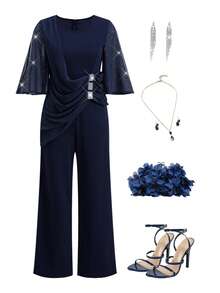 Ellevyn Women's Elegant Blue Rhinestone Embellished Jumpsuit Carnival Costume Women Valentine's Day  Summer Outfits  Wedding Guest Dress For Women  Casual  Carnival Costume Women Women's Abaya Suitable For Wedding Guests, Bridesmaids, And Other Occasions. - Navy Blue - View 8