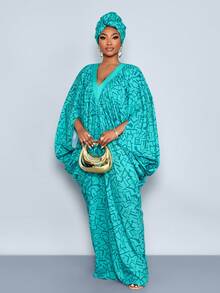 SOLERSUN Plus-Size Spring/Summer New Arrivals Color-Blocked Abstract Geometric Print V-Neck Pleated Design, Layered Cocoon Shape, O-Shaped Long Dress, Loose Fit, Suitable For Everyday Casual Wear, Gatherings, Dates, Valentine's Day, Cocktail Parties, Graduation Parties, Travel, Beach Vacations, New Year's Music Festivals, Carnivals, Wedding Season, Guest Attire, Sexy Middle Eastern Elegant Clothing, Simple And Fashionable Women's Clothing. - Blue - View 7