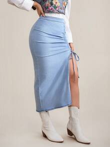 SHEIN Tall Chân váy mini denim nữ màu trơn, có dây rút, xẻ tà đến đùi. - Màu xanh lam - Xem 4