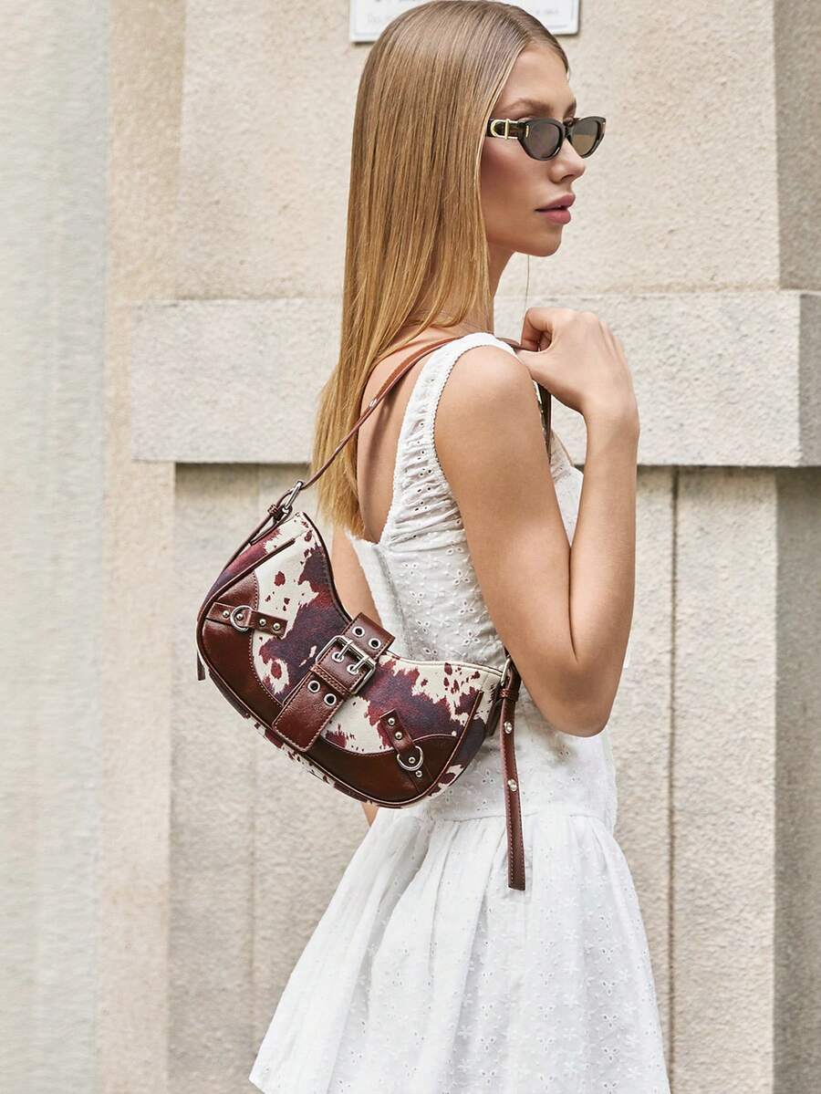 Viva Strut 1 pieza Bolso bandolera con decoración de remaches, estilo punk, ajustable, para mujeres y adolescentes, estilo Y2K - Marrón Chocolate - Ver 1