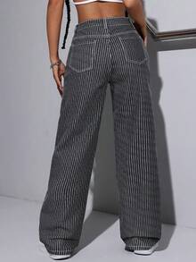 SHEIN Tall 女款口袋條紋休閒寬鬆直筒水洗牛仔褲，適合高個女性 - 灰色 - 查看 2