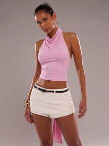 SHEIN BAE Women's Solid Color Halter Tie Backless Metal Decor Ribbon Design Fashionable Versatile Party Top,Summer Top - Baby Pink - View 6