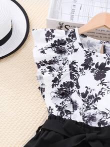 Tween Girl Floral Print Ruffle Trim Shirt And Self-Tie Waist Black Pants Set - Multicolor - View 5