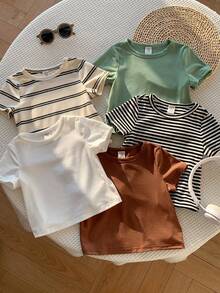 SHEIN 5件/包 男女通用婴儿服装，可爱休闲百搭针织条纹短袖T恤，多色可选，适合春夏穿着 - 彩色 - 查看 10