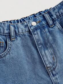 SHEIN Girls' Pink Heart Embroidered Pattern Blue Denim Loose Fit Pants - Dark Wash - View 4