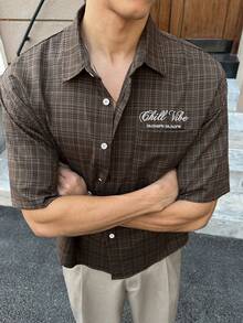 SWAVVY 男士休闲宽松短袖梭织衬衫，时尚日常短袖格子衬衫，棕色衬衫，男士印花棕色纽扣衬衫，咖啡色衬衫，男士台球衬衫，短袖印花衬衫，格子衬衫，男士宽松衬衫，男士方正版型衬衫 - 棕色 - 查看 8