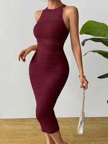 SHEIN Clasi Đầm len nữ không tay, kiểu dáng tối giản, chất liệu có họa tiết, đục lỗ, xếp ly. - Màu Đỏ Sâu - Xem 5