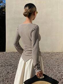 Livesso Women's Casual Asymmetrical Hem Tie Front T-Shirt Long Sleeve - Coffee Brown - View 2