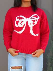 Steph T Ladies' Round Neck Loose Knitted Sweater With Bow Detail,Three Quarter Sleeve Tops Fall,Winter - Red - View 6