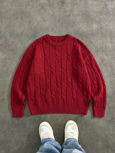 Manfinity Unisex 1件男士圆领纯色麻花针织休闲套头毛衣，适合秋冬季节，情侣装