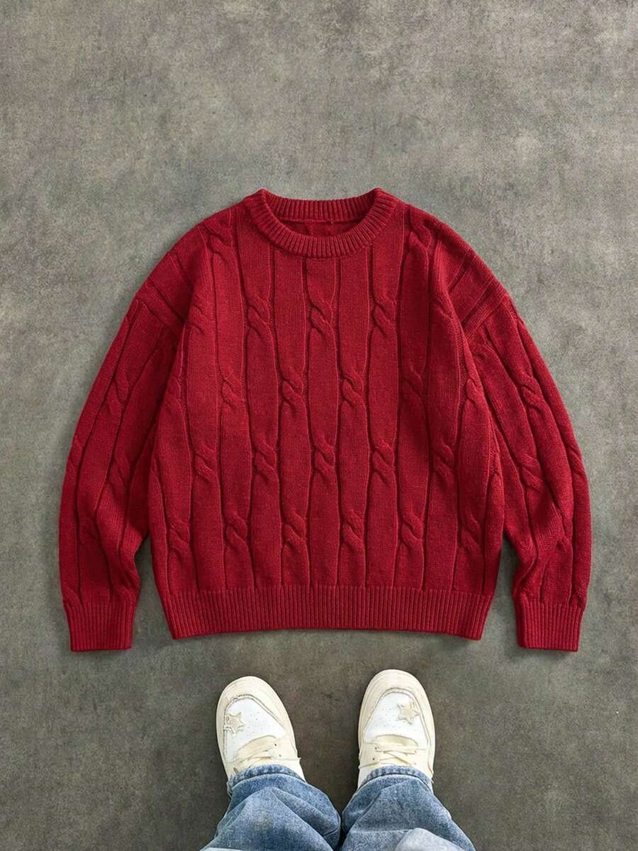 Manfinity Unisex 1件男士圆领纯色麻花针织休闲套头毛衣，适合秋冬季节，情侣装