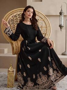 Al Najma Robe à manches longues col rond imprimé couleur contrastée style arabe pour femmes - Noir - Voir 2
