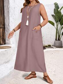 EMERY ROSE Plus Size Women's Solid Color Round Neck Sleeveless Casual Dress With Pockets/Summer/Spring/Vacation - Pink - View 4