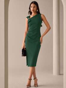 Lilora Đầm midi dệt kim không tay màu xanh đậm thanh lịch cho nữ, cổ bất đối xứng, ôm sát, trơn, chi tiết khóa kéo, đầm một vai, đầm xanh thanh lịch, đầm nữ thanh lịch, tiệc cocktail, ngày lễ, khách mời đám cưới, xanh đậm, mùa hè - Màu xanh lá cây đậm - Xem 3