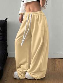SHEIN Tall CURVE 大码女式街头风外出休闲裤，大码弹力腰带舒适筒状裤腿 - 杏色 - 查看 4