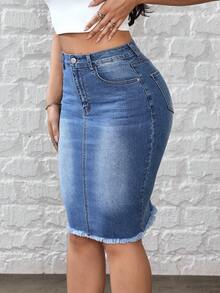 SHEIN Tall Women's Casual Versatile Commuting Denim Skirt With Pockets And Buttons - Blue - View 3