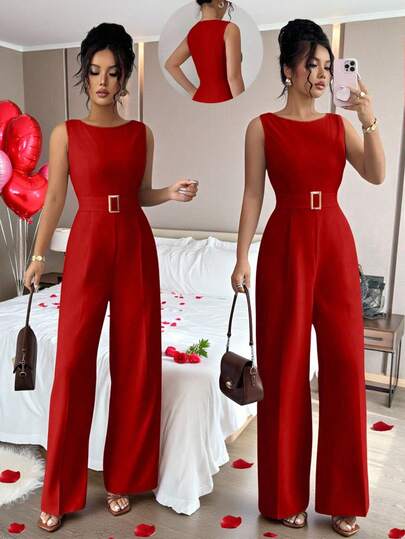 Selianne French Romantic One-Shoulder Sleeveless High Waist Belt Smooth Fabric Metal Buckle Decoration Wide Leg Straight Women Jumpsuit Women Summer Clothing Women Office Clothing Outing Clothing