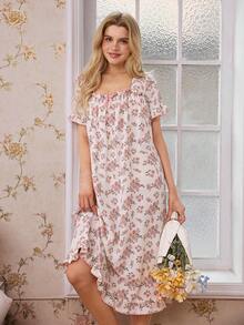 CottageSlumber Floral Print Ruffle Hem Bubble Crinkle Women Nightgown - Apricot - View 3