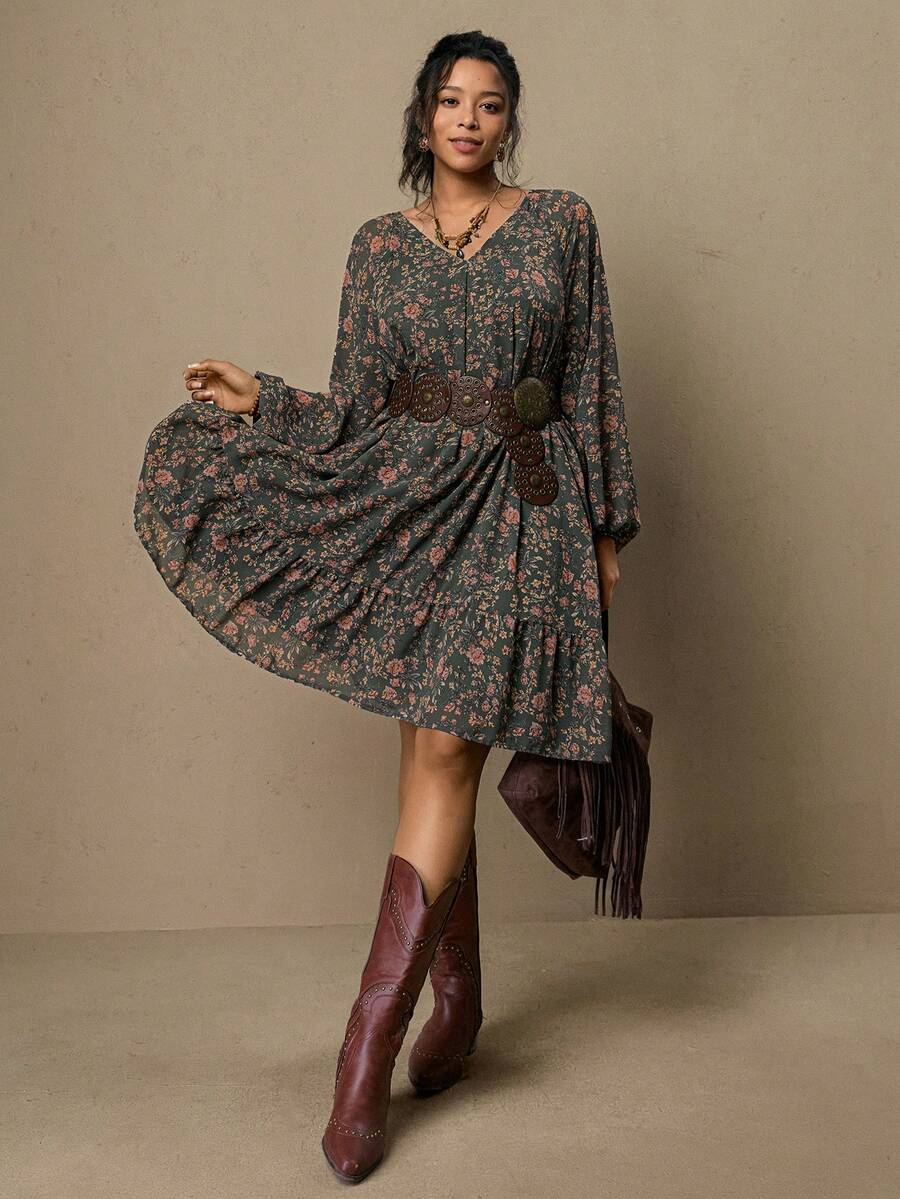 Freevana 大码女式印花V领优雅收腰灯笼袖连衣裙，适合约会和派对穿着