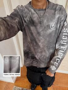 Manfinity Roghcode Men's Distressed Waffle Fabric, Tie-Dye Effect, Letter Print Long Sleeve T-Shirt, Youthful Streetwear, Fashionable Men S Sweatshirts Acid Wash Hoodie Tie Dye Shirt Men S Long Sleeve Grey Sweater Men Men Long Sleeve Knit - Black - View 1