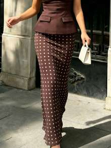 Pariaura 2026 New Arrival Women's Elegant Tulle Long Midi Skirt - Brown Base With White Polka Dots, Versatile Casual Office Minimalist Vacation Style - Multicolor - View 6