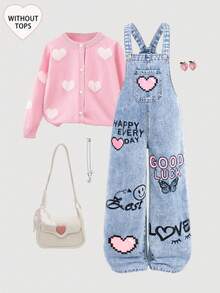 SHEIN Girlism 少女Y2K新款花卉爱心彩虹涂鸦可爱印花时尚休闲柔软甜美牛仔背带连体裤（不含T恤），女童宽松直筒牛仔背带裤，女童秋冬服装，返校节街头风穿搭，女童Y2K穿搭，女童可爱套装，90年代女童穿搭，可爱服饰 - 淺色水洗藍 - 查看 1