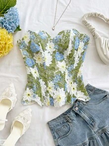 Soleia Áo corset ren hai lớp trễ vai gợi cảm, ôm sát cơ thể, áo liền thân thêu khoét rỗng, thích hợp cho kỳ nghỉ, đi chơi tối, dự đám cưới, mùa thu. - Nhiều màu - Xem 3