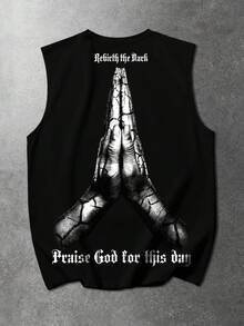 ROMWE MEN Men's Summer Fashion Street Gesture Letter Print Black Loose Tank Top - Black - View 1