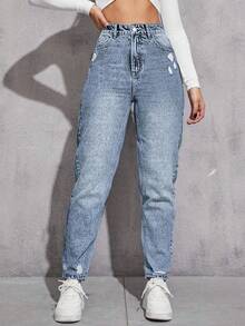 SHEIN ICON 1. 女士加大码做旧直筒水洗蓝牛仔裤 - 霧霾藍 - 查看 3