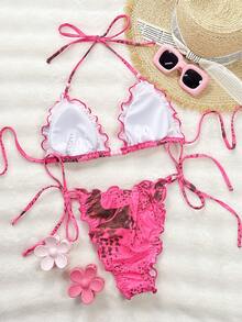 Swim SXY Bikini 2 pièces sexy et mignon pour femmes avec imprimé floral aléatoire, triangle, cordon de serrage, attache au cou, nœud au dos, taille avec lien et volants - Multicolore - Voir 2