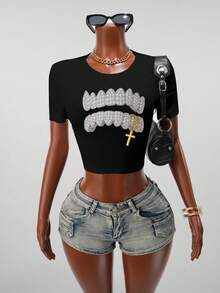 Rovax Women's Cross Print Round Neck Short Sleeve Cropped Fitted Fashion T-Shirt - Black - View 3