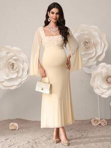 SHEIN Maternity Clothes Maternity  Dress Summer Pregnant Clothes Apricot Maternity Dress With Stand-Up Collar, Flared Sleeves, And Textured Floral Pattern, Elegant - Apricot - View 2