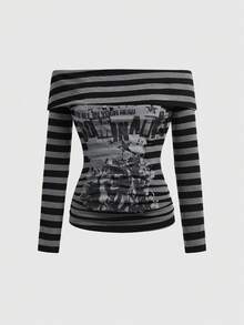 ROMWE Grunge Punk Top ajusté froncé à l'épaule dénudée avec imprimé portrait rayé punk vintage - Noir - Voir 8